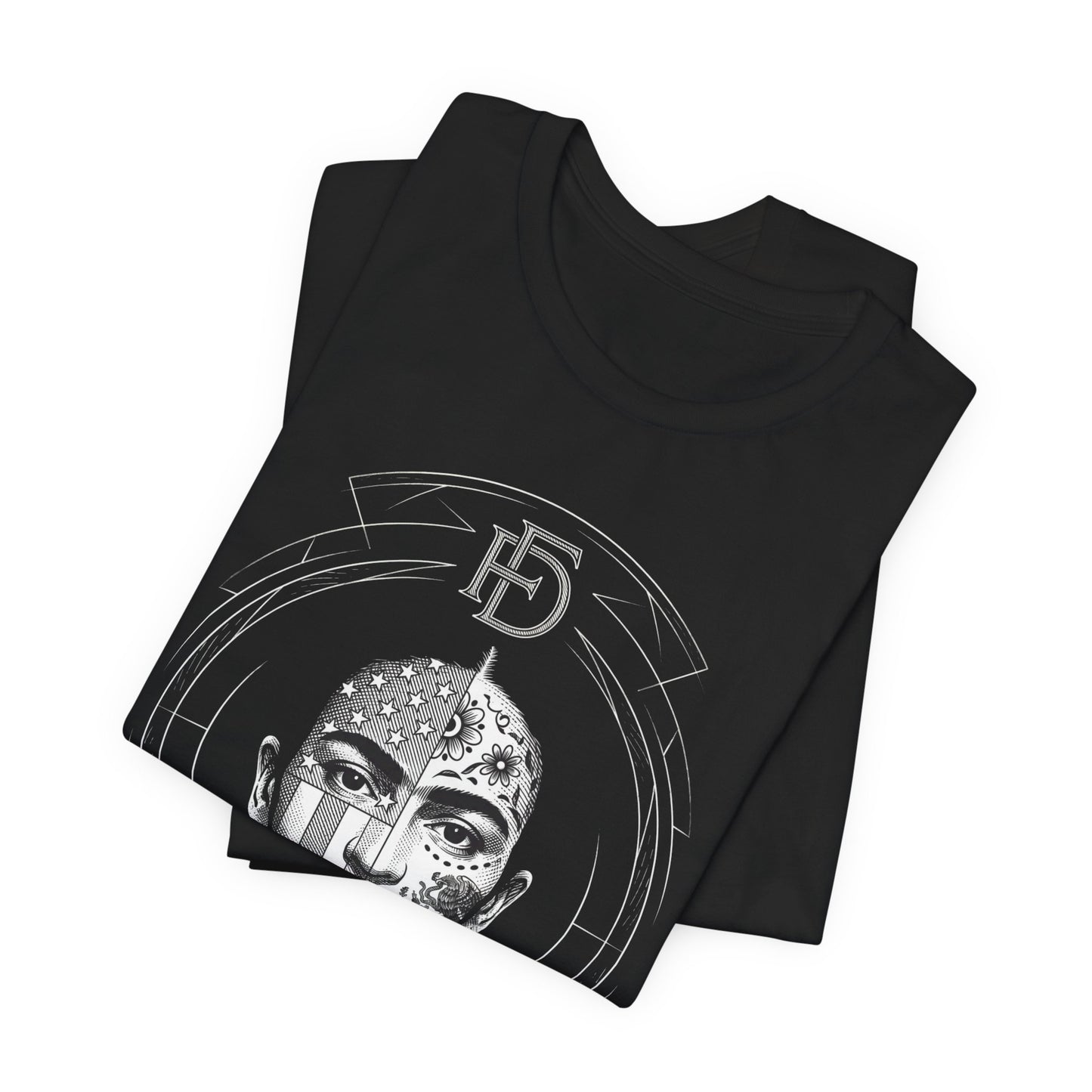 Black t-shirt with folded graphic of a woman's face with floral and flag designs.