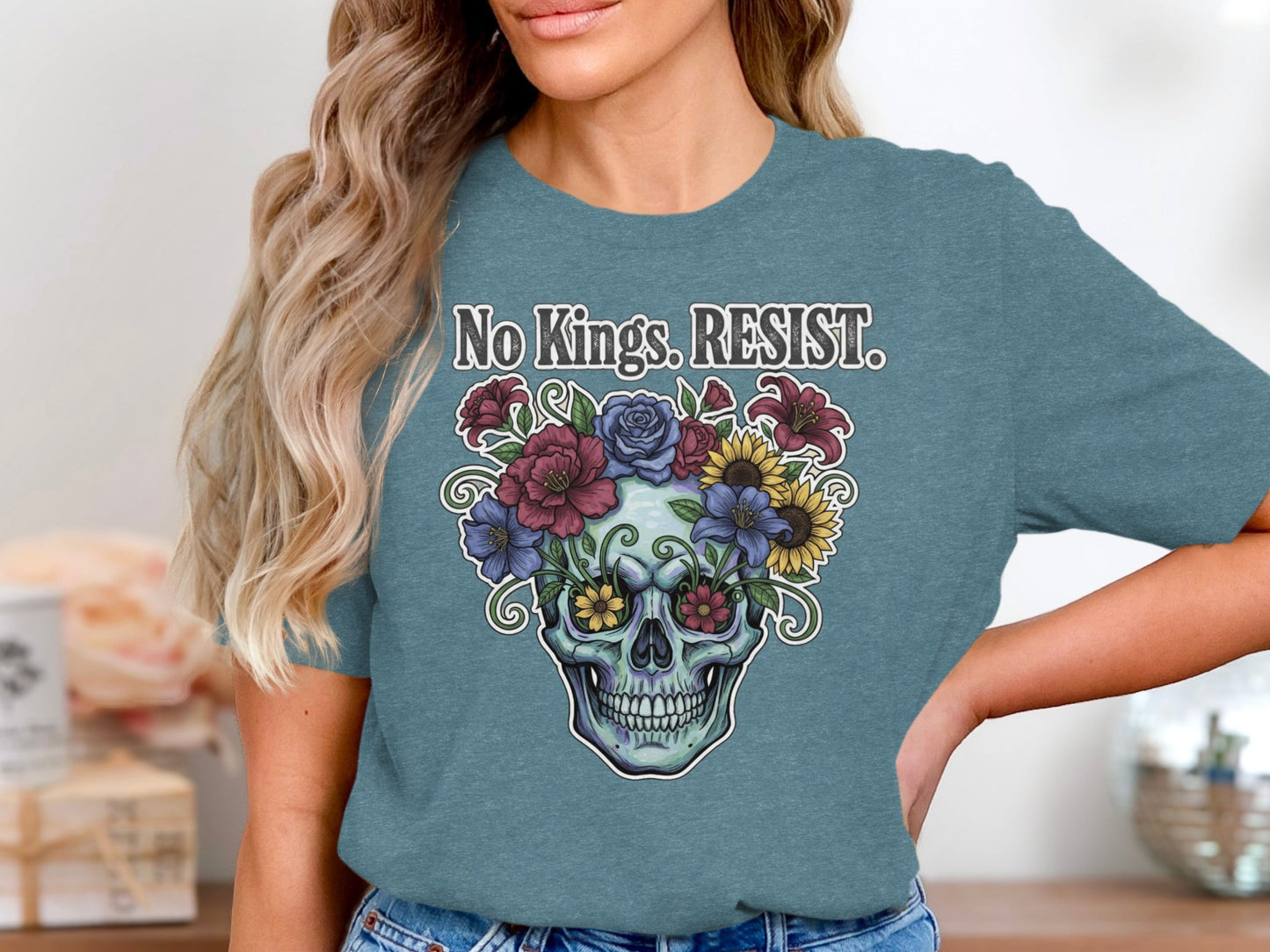 No Kings RESIST Skull With Flowers Graphic Shirt product