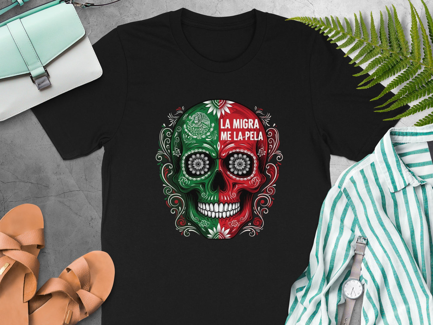 La Migra Me La Pela Skull Design T-Shirt Product Type
