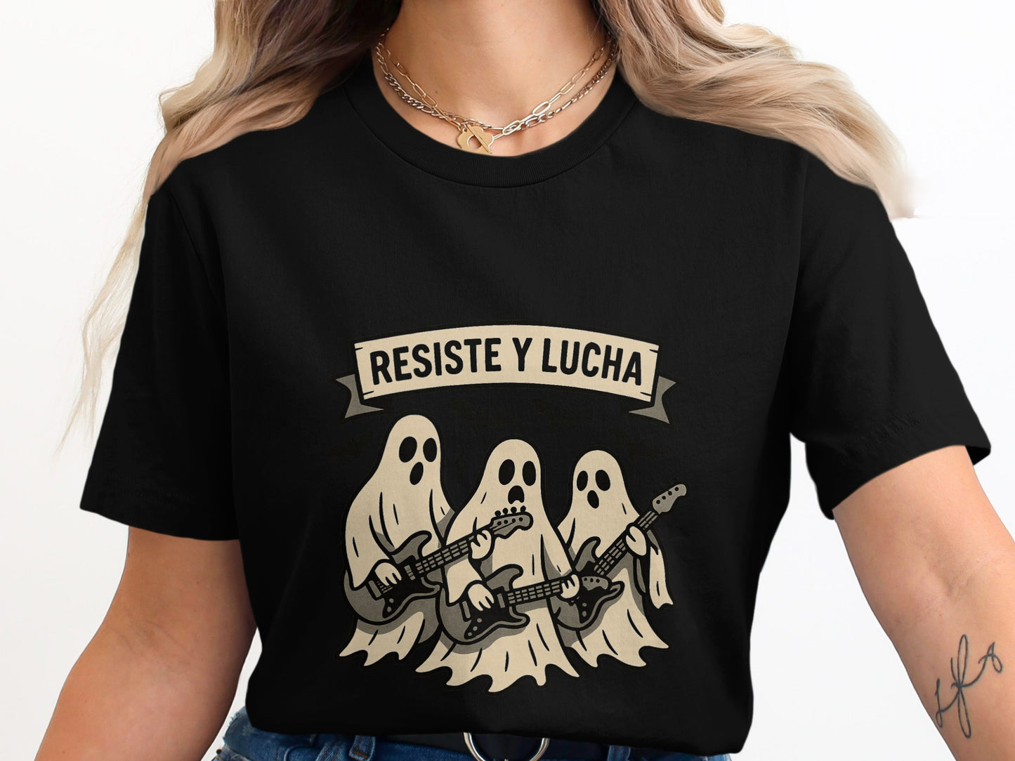 Three Ghosts Playing Guitars Resist Lucha T-Shirt Product