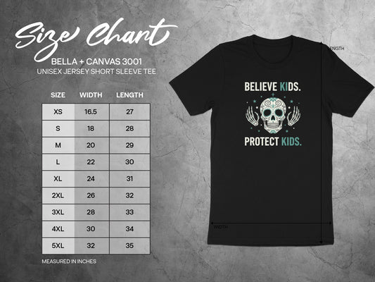 Bella + Canvas unisex t-shirt size chart with garment dimensions and text.