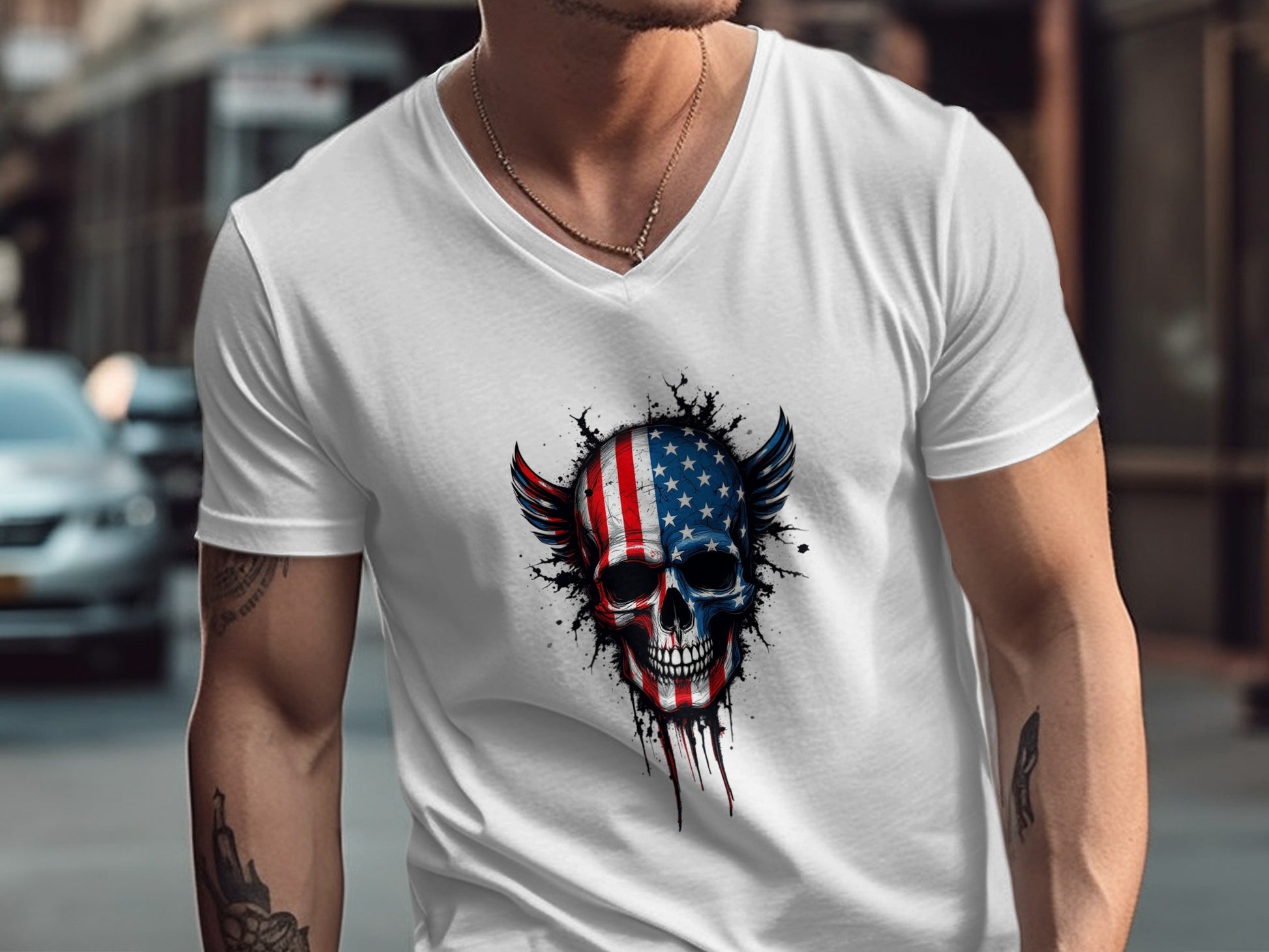 American Flag Skull Design on V-Neck T-Shirt product