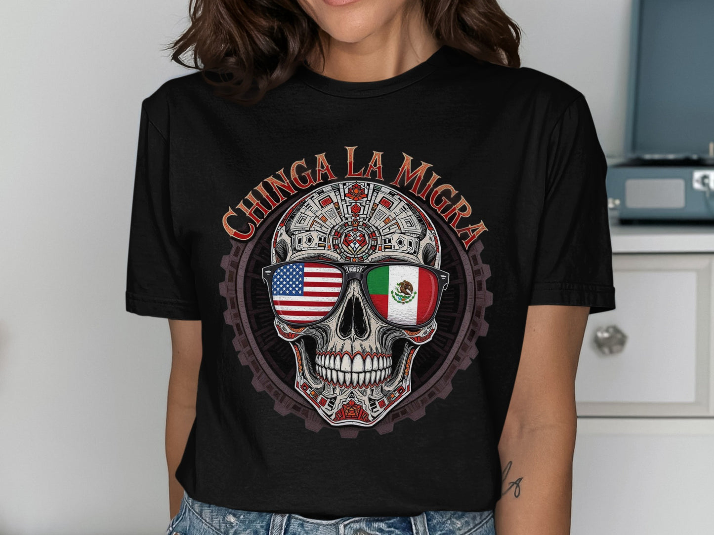 Chinga La Migra Skull with Flags Graphic Tee product type