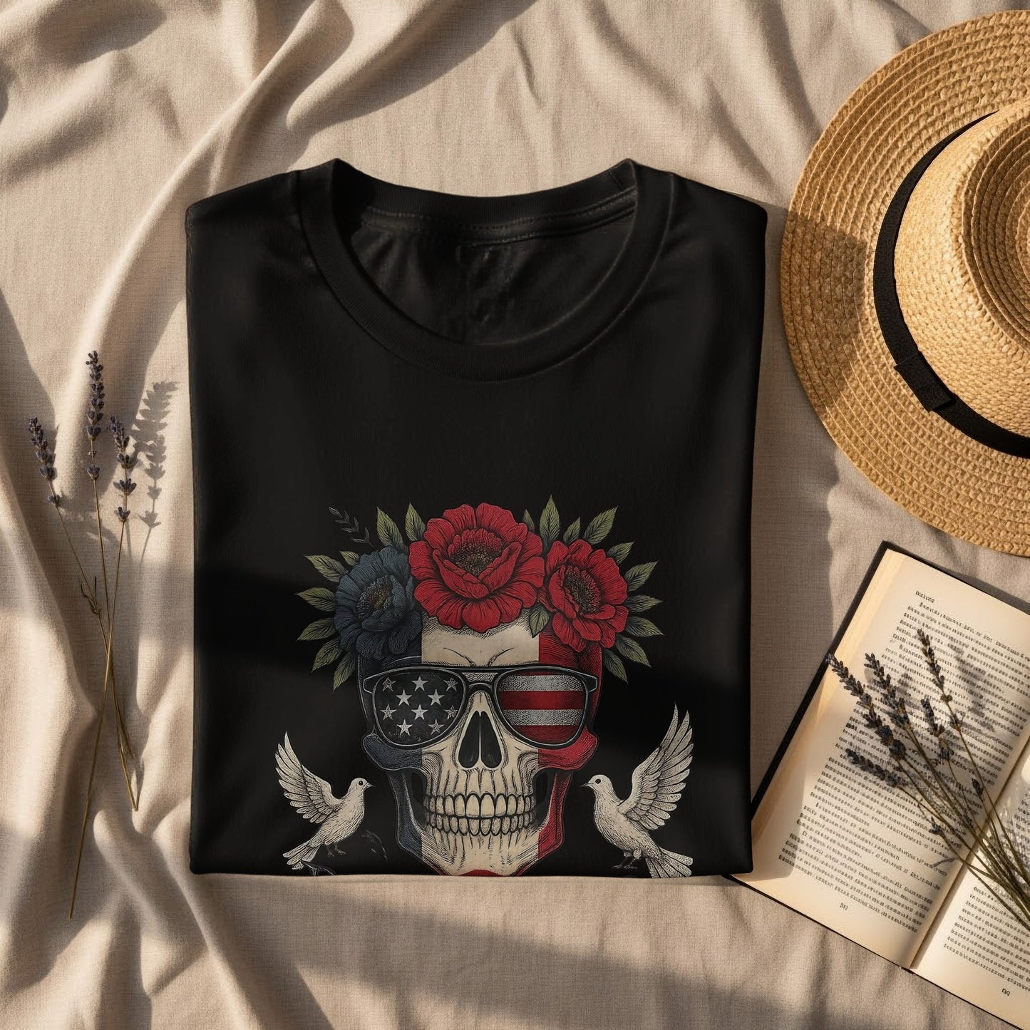 Patriotic Skull and Roses Graphic Unisex Tee Shirt product