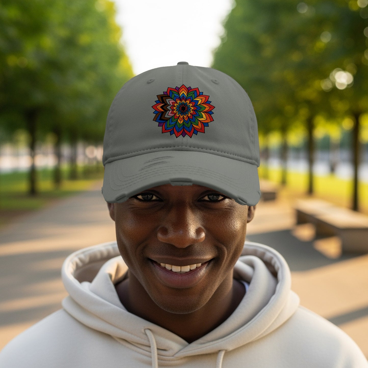 Colorful Floral Embroidered Design on Gray Baseball Cap product type