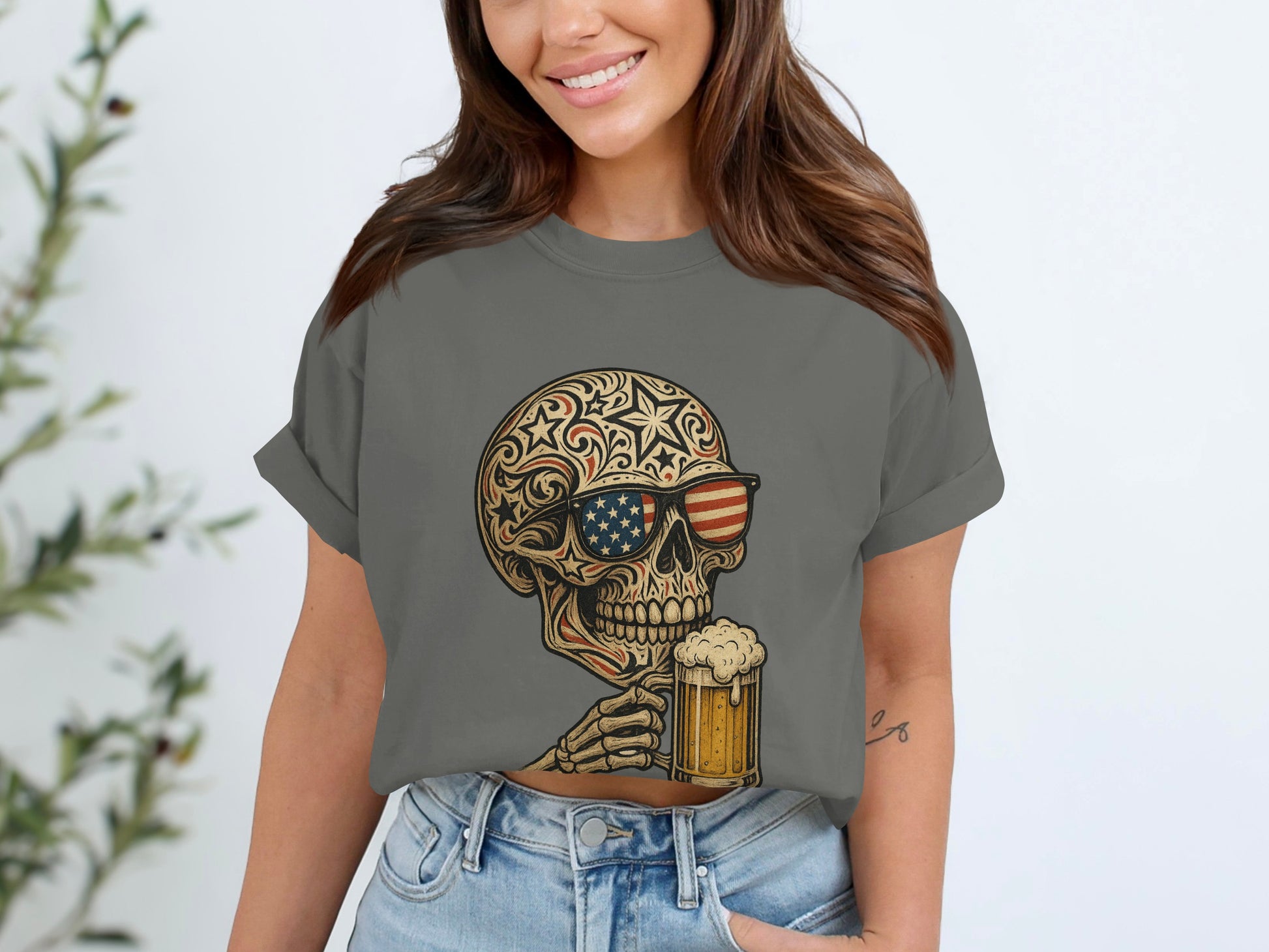 American Skull with Beer Graphic T-shirt product