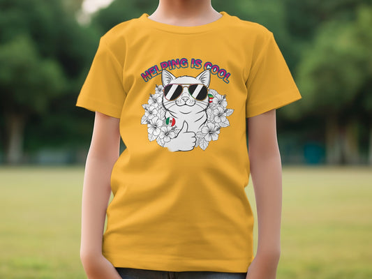 Helping Is Cool Graphic Cat T-Shirt for Kids