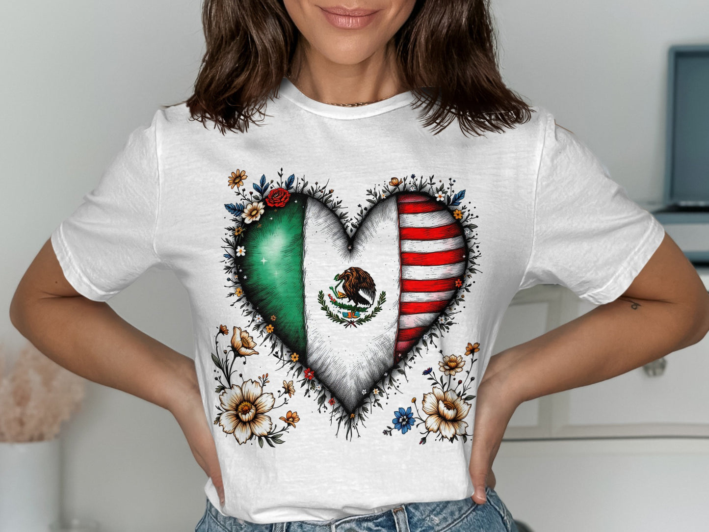 Heart Shaped Mexico and USA Flag Design T-shirt product type