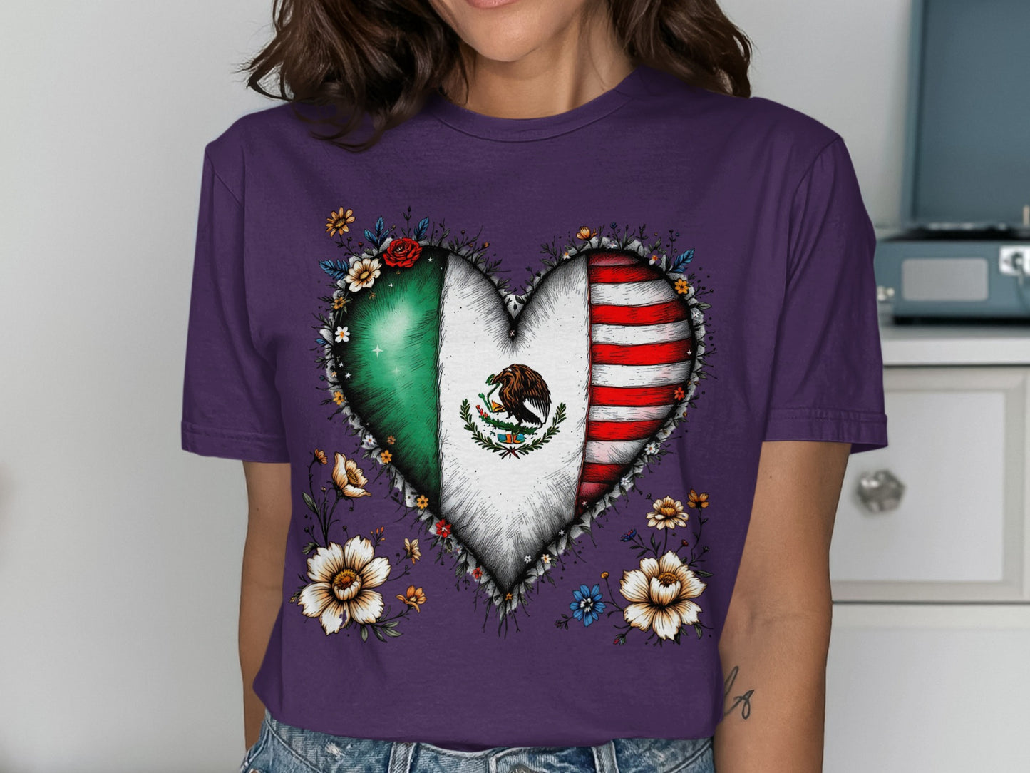 Mexican American Unity Heart Graphic Shirt product type