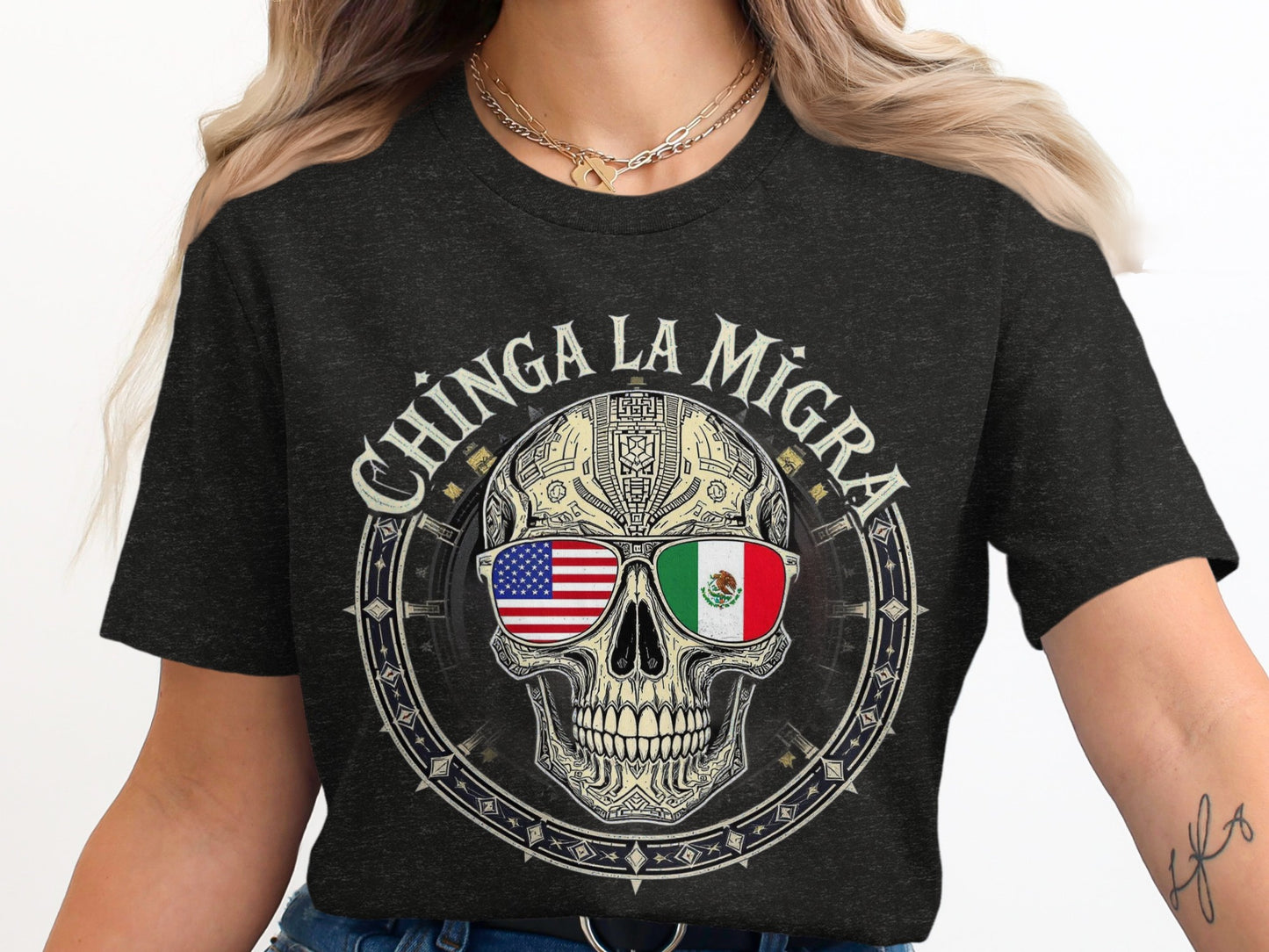 Chinga La Migra Skull Graphic Shirt Fashion Product