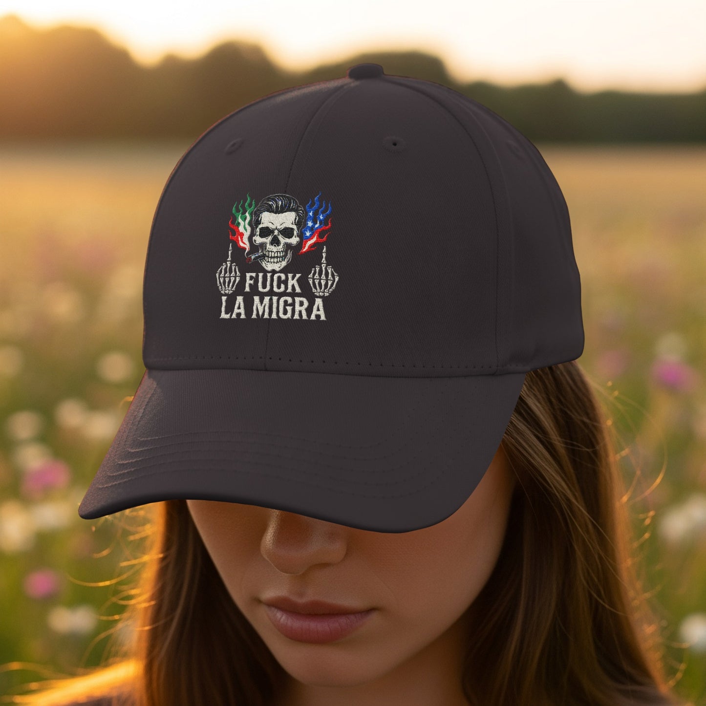 Bold Statement Fuck La Migra Skull Embroidered Cap product
