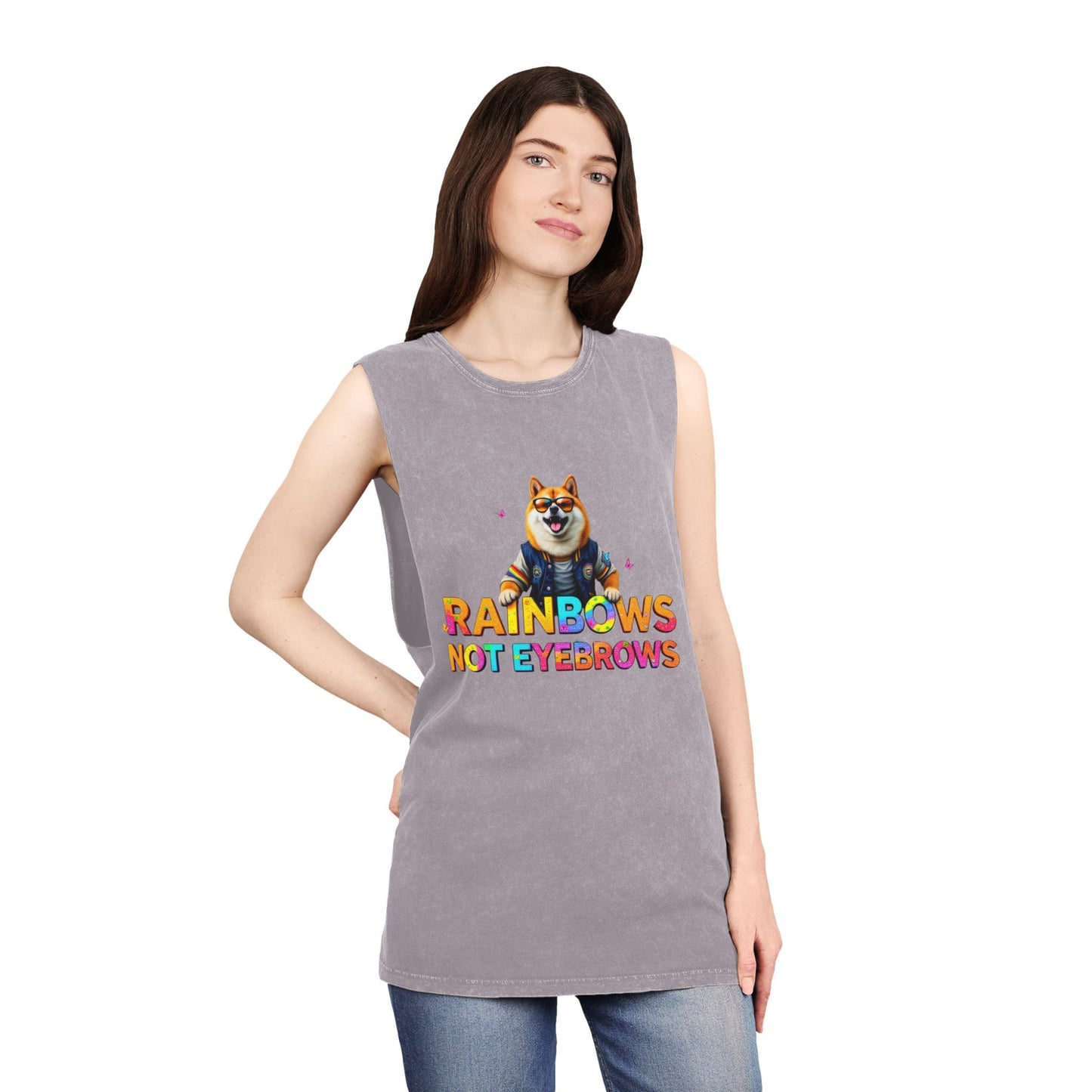 Unisex Stonewash Tank Top - 'Rainbows Not Eyebrows' Graphic Tee