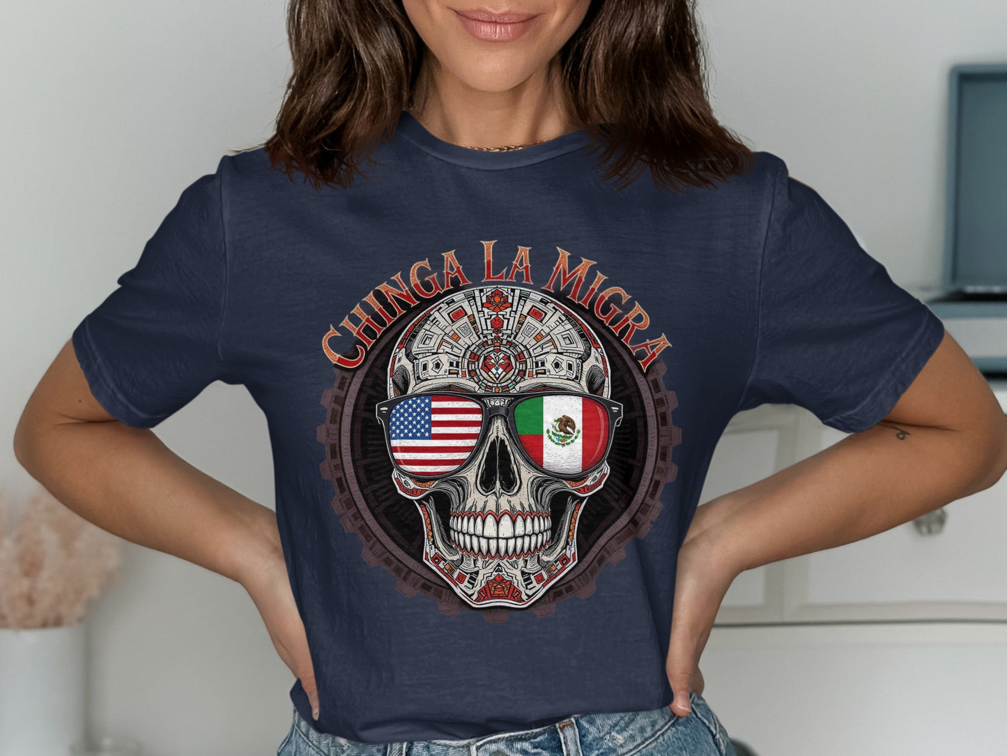 Chinga La Migra Skull USA Mexico Flags Graphic T-shirt product type