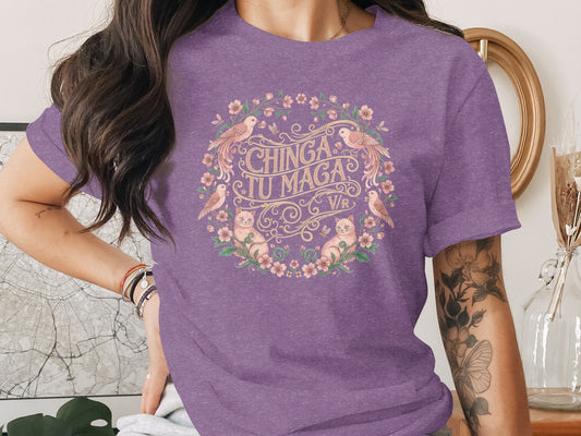 Chinga Tu Maga Purple Tee with Artistic Floral Design