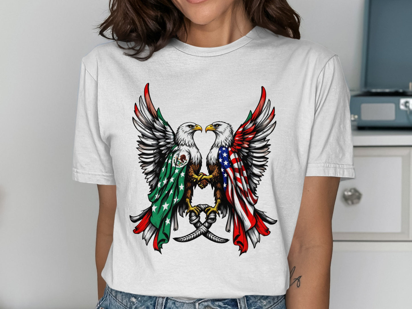 Bald Eagles Embracing Flags Graphic Tee Shirt product