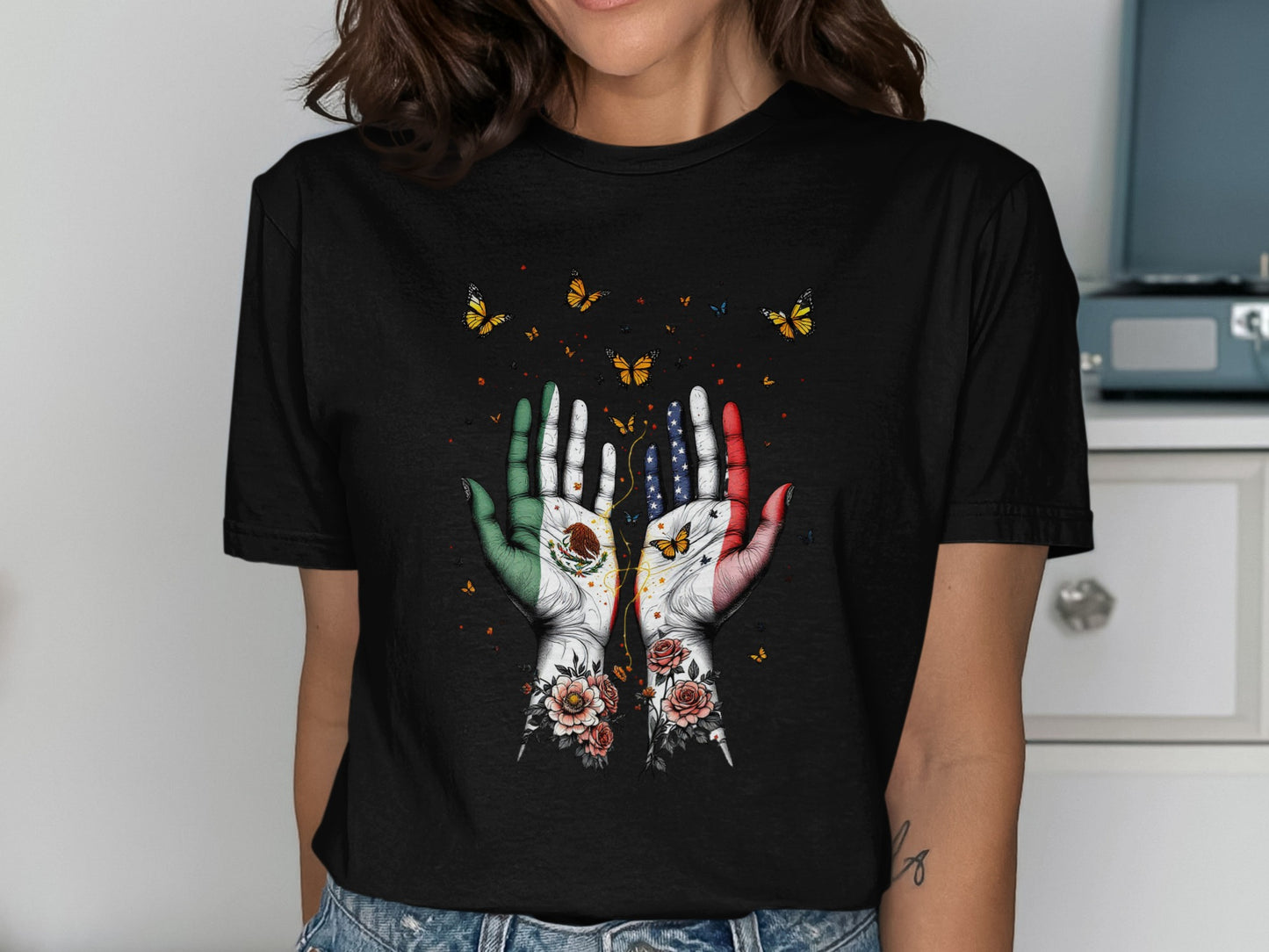 Colorful Butterfly and Hand Art Graphic T-Shirt product type