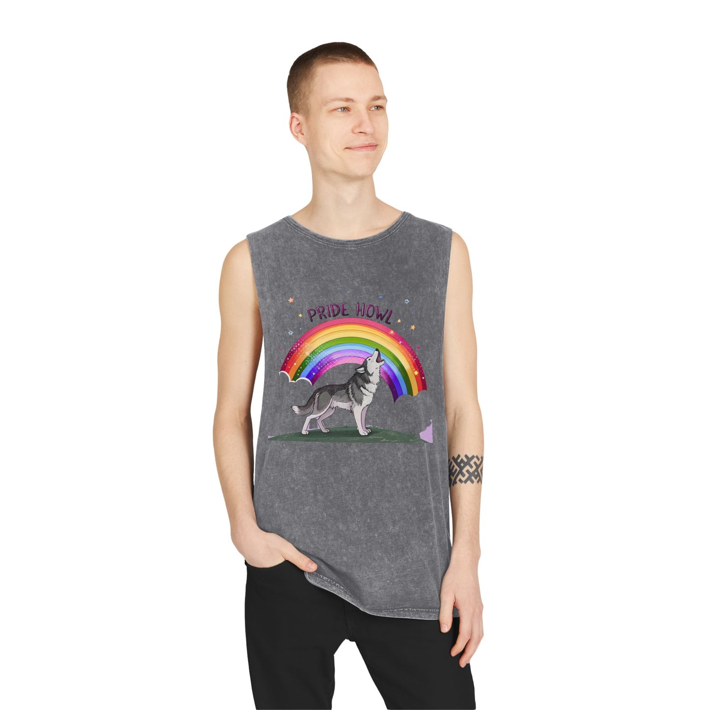 Pride Howl Unisex Stonewash Tank Top - Rainbow Husky Design