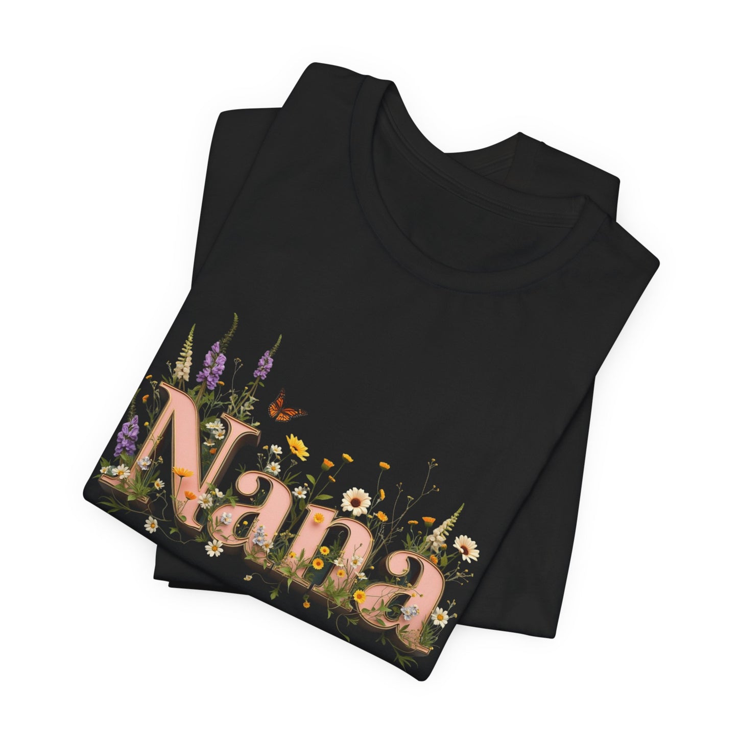Black t-shirt with "Nana" in large floral letters and a butterfly.