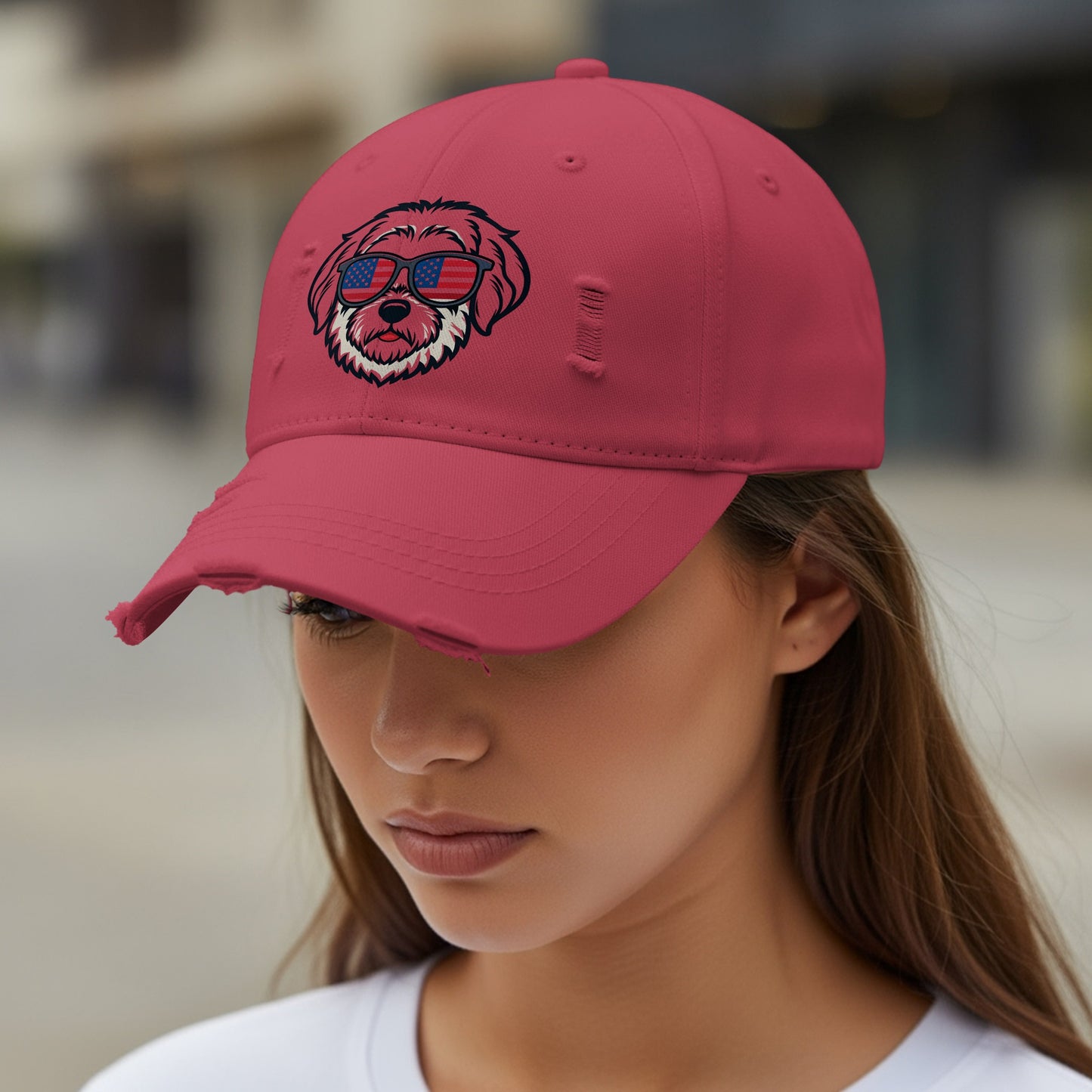 Distressed Red Cap With Cool Dog Wearing Sunglasses product type
