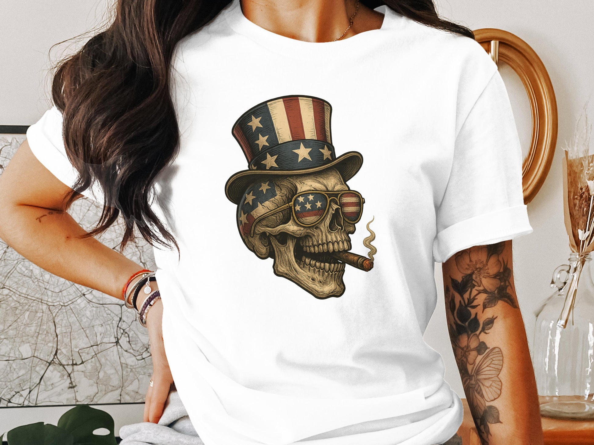 Patriotic Skull Wearing Top Hat Graphic Tee product
