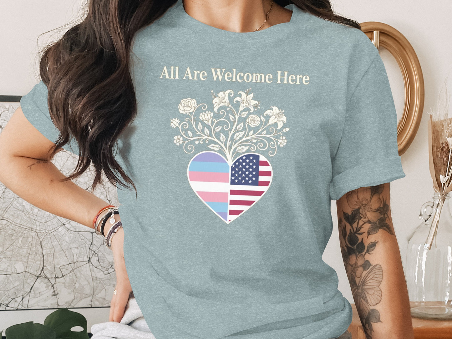 All Are Welcome Here Heart Graphic Tee product