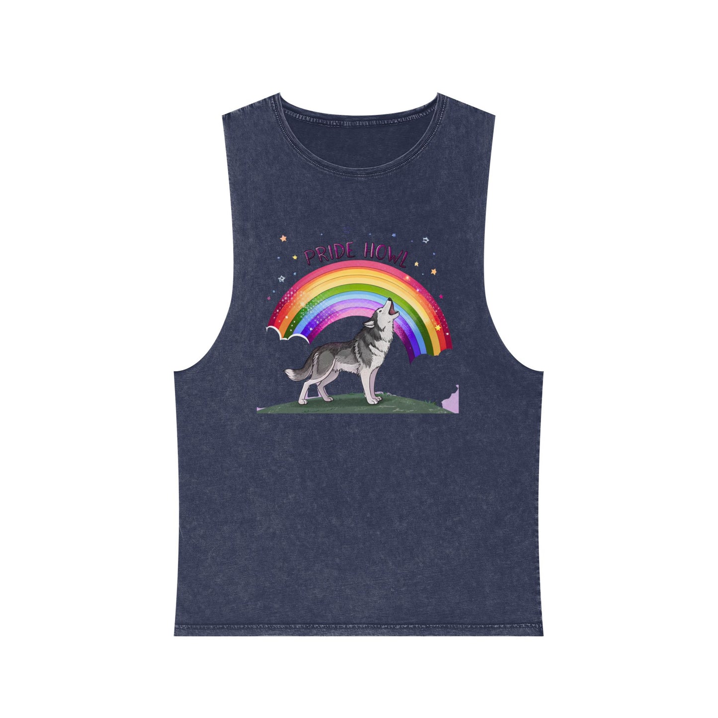 Pride Howl Unisex Stonewash Tank Top - Rainbow Husky Design