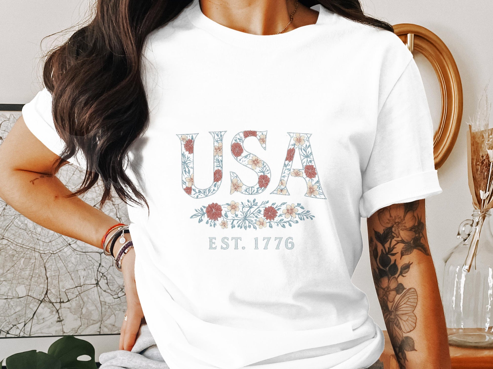 USA EST. 1776 Floral Print White T-shirt product type