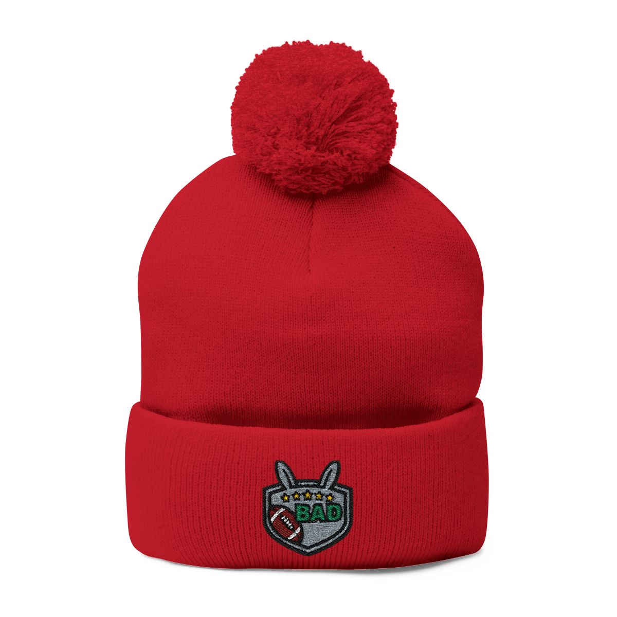 Red Beanie with Badges and Pom Pom Design Hat