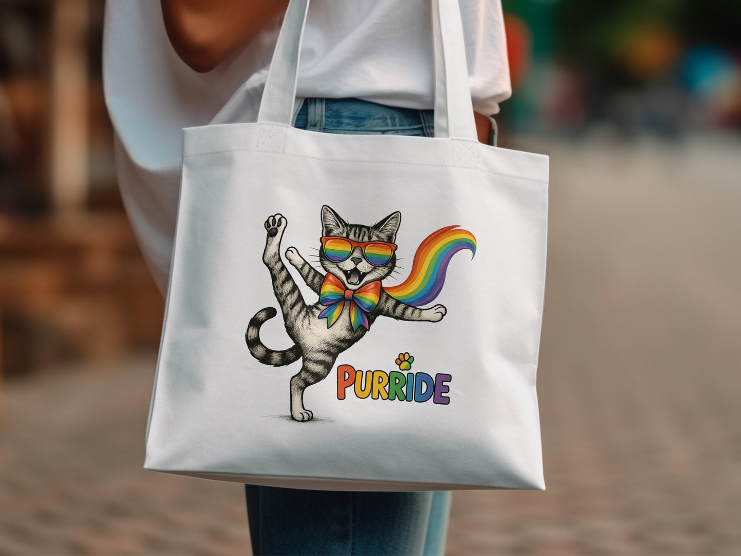 Rainbow Cat with Glasses and Bow Tote Bag product