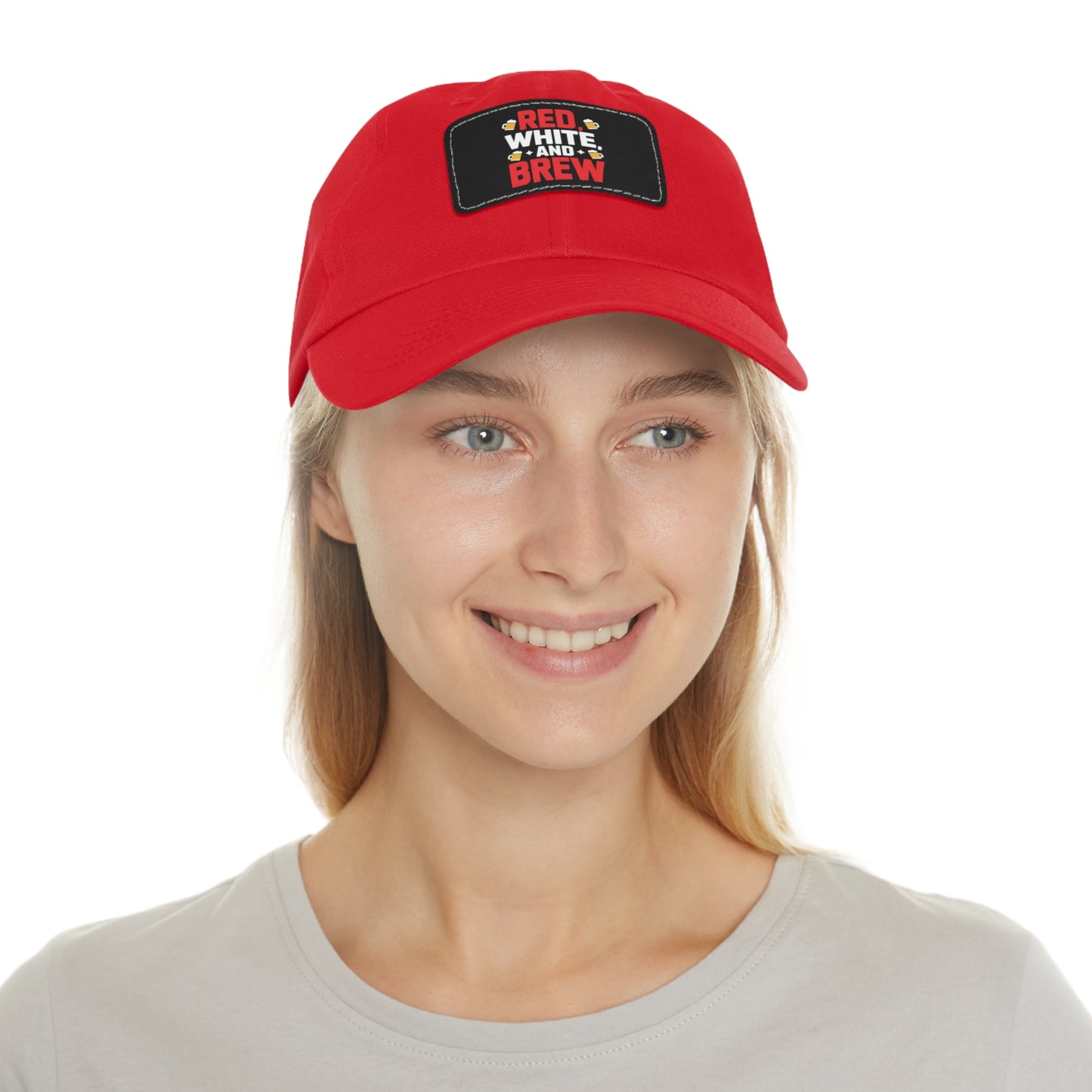 Red White and Brew Dad Hat with Leather Patch - Perfect for Beer Lovers
