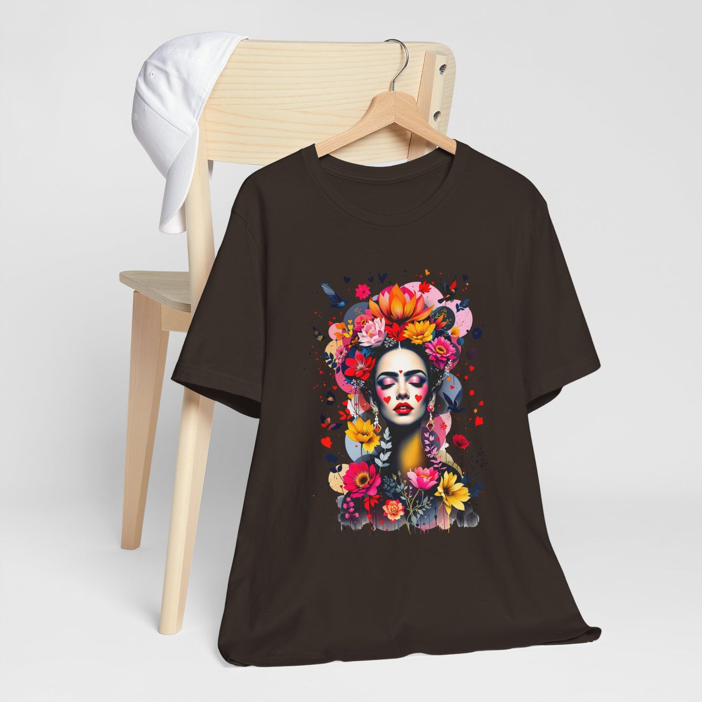 Colorful Floral Woman Face Hearts Birds Artwork Brown T-Shirt