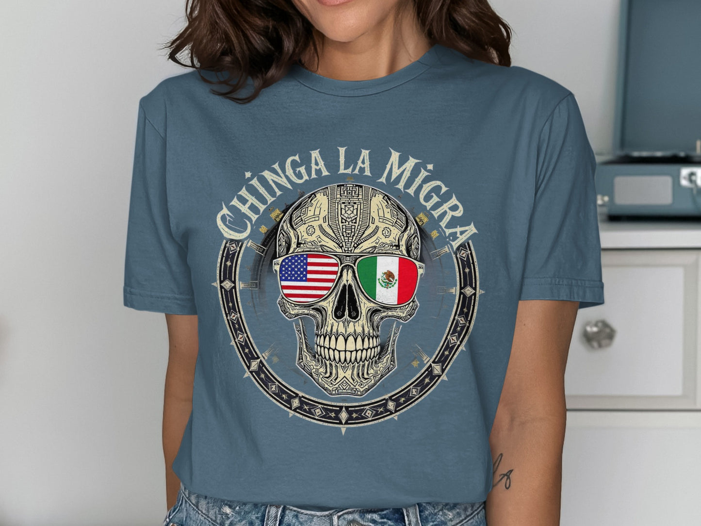 Chinga La Migra Skull T-Shirt Design product