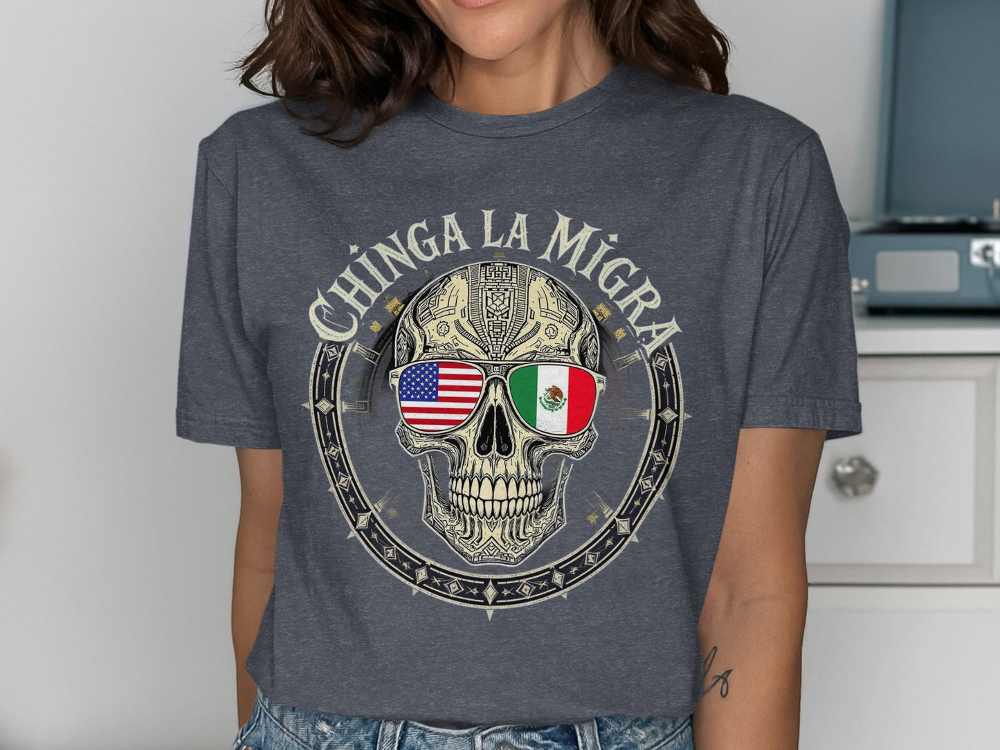 Chinga La Migra Skull With Flag Sunglasses Shirt product