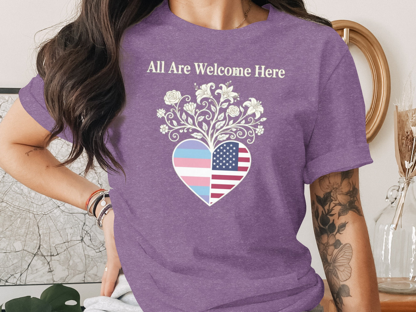 All Are Welcome Here Heart Design T-Shirt product type
