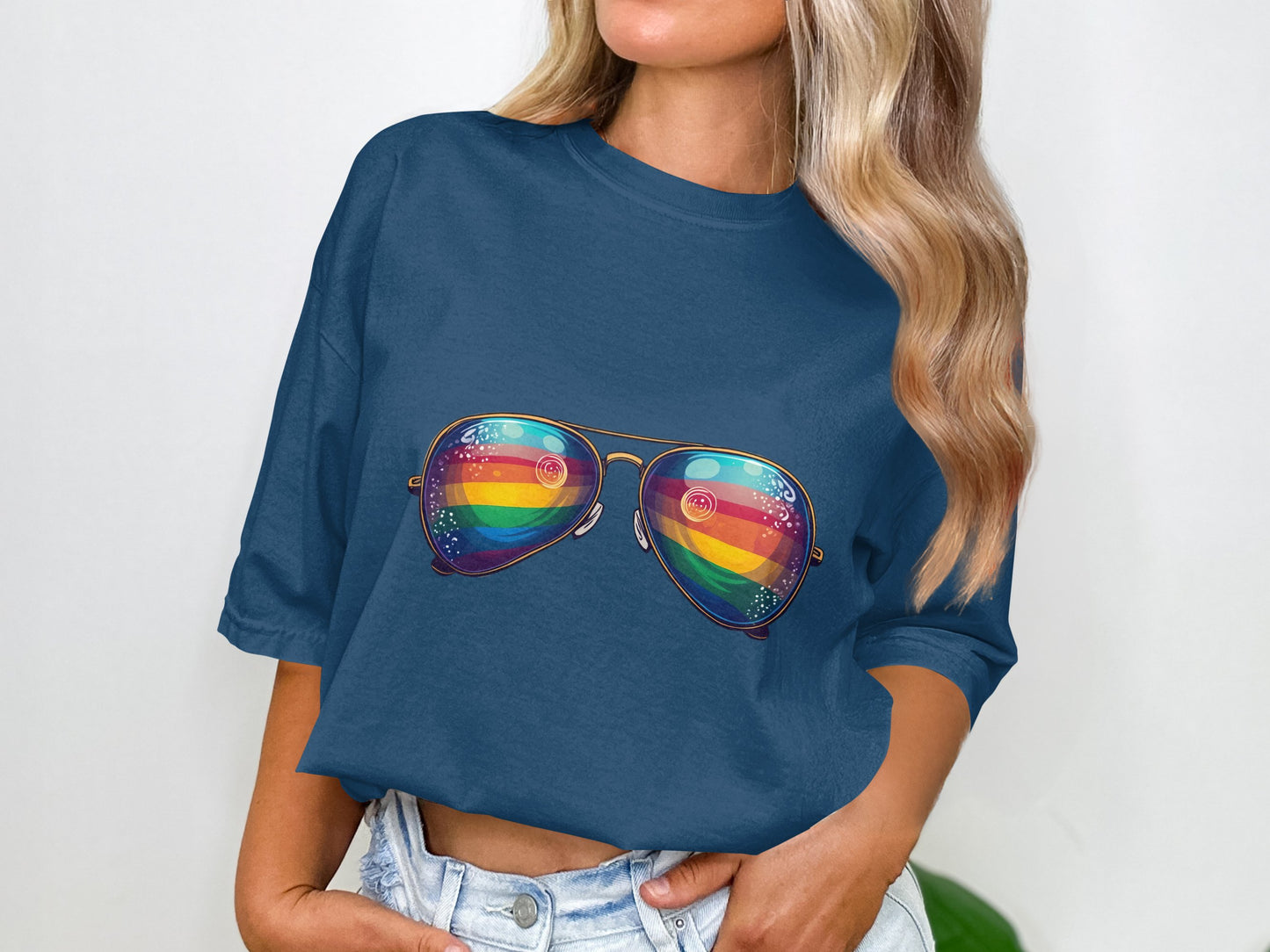 Rainbow Sunglasses Graphic on Blue Short Sleeve Top product