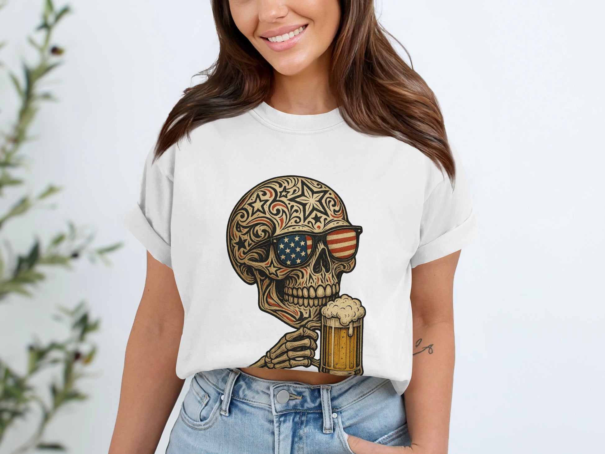 Patriotic Skull with Beer Graphic Tee Shirt product