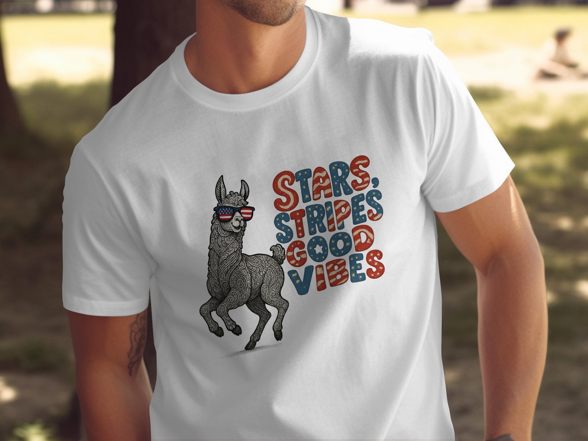 Stars Stripes Good Vibes Funny Llama T-Shirt product type