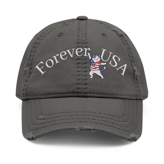 4th of July Embroidery Hat Distressed Cat Dad Hat - Forever USA, Vintage Adjustable Cap for Pet Lovers, Casual Outdoor Wear, Gift for Father's Day, Independence Day