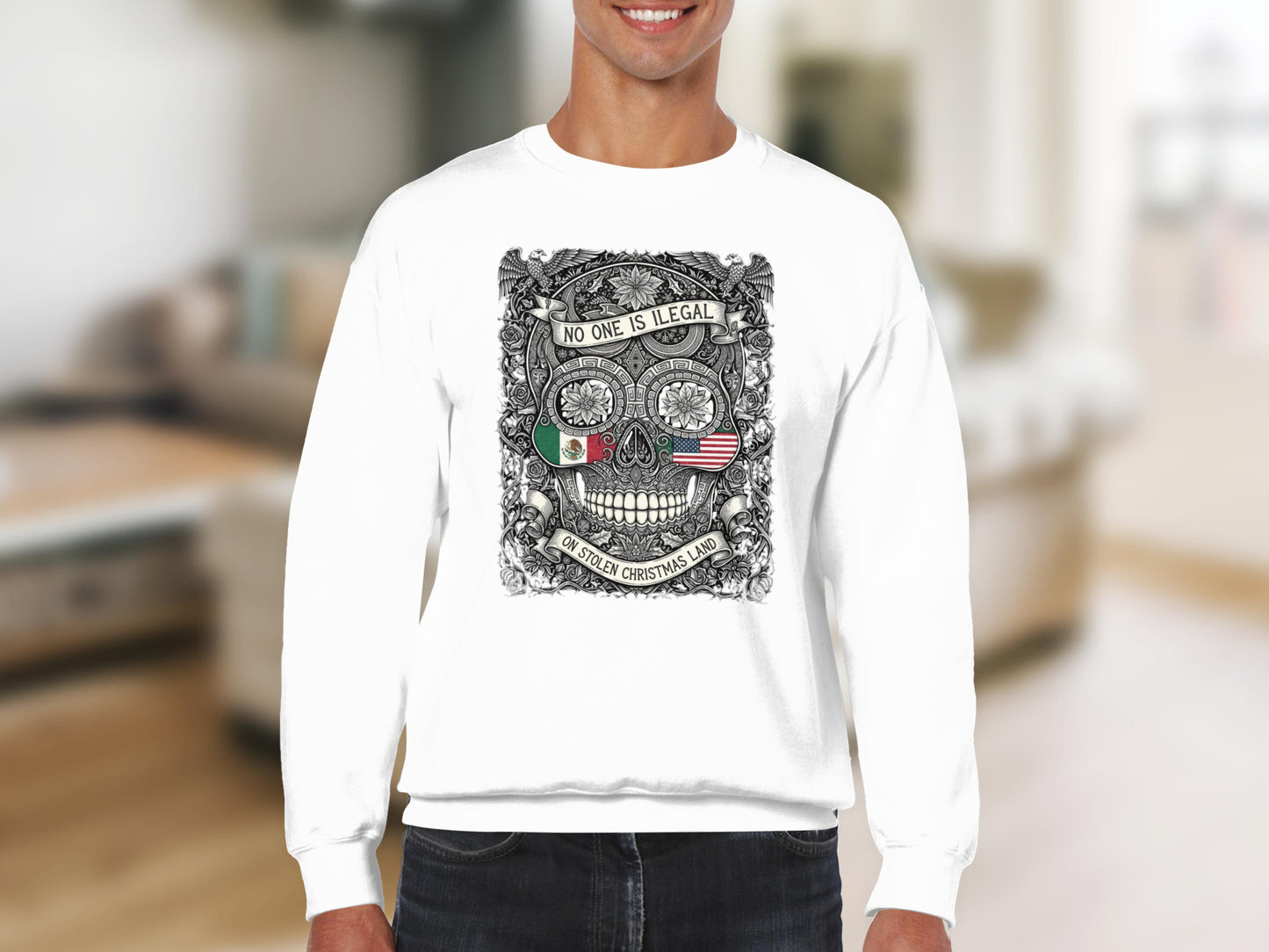 No One is Illegal Christmas Dead Sugar Skull Sweatshirt