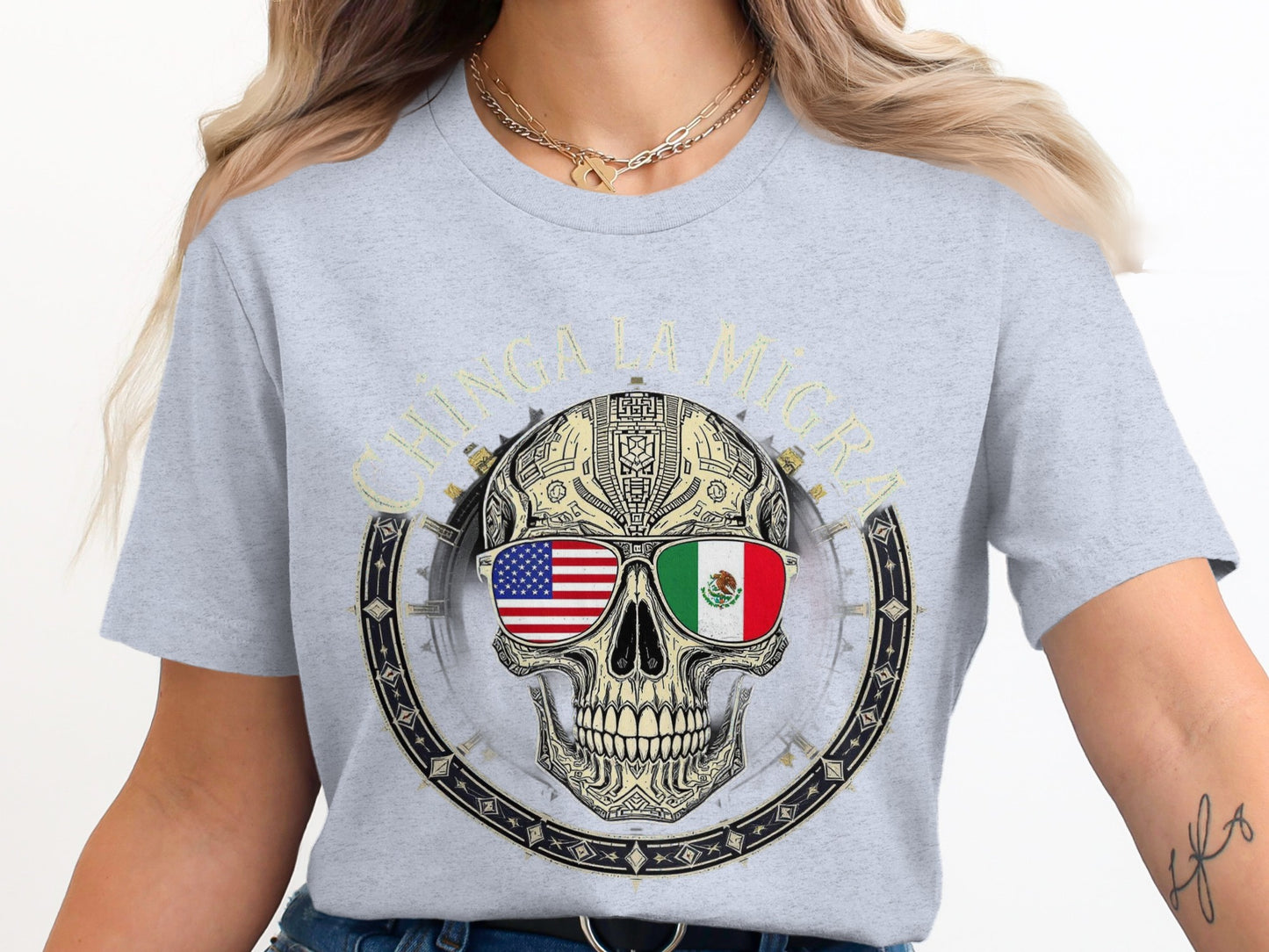 Unique Skull Design Chinga La Migra Statement Shirt product