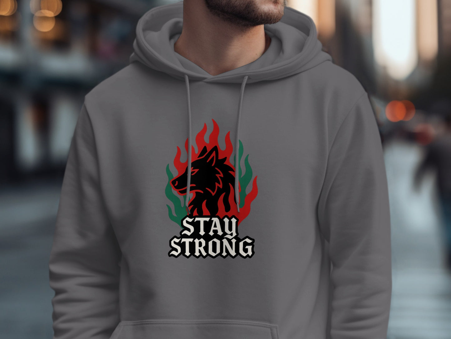 Stay Strong Hoodie with Wolf and Flames Design product type