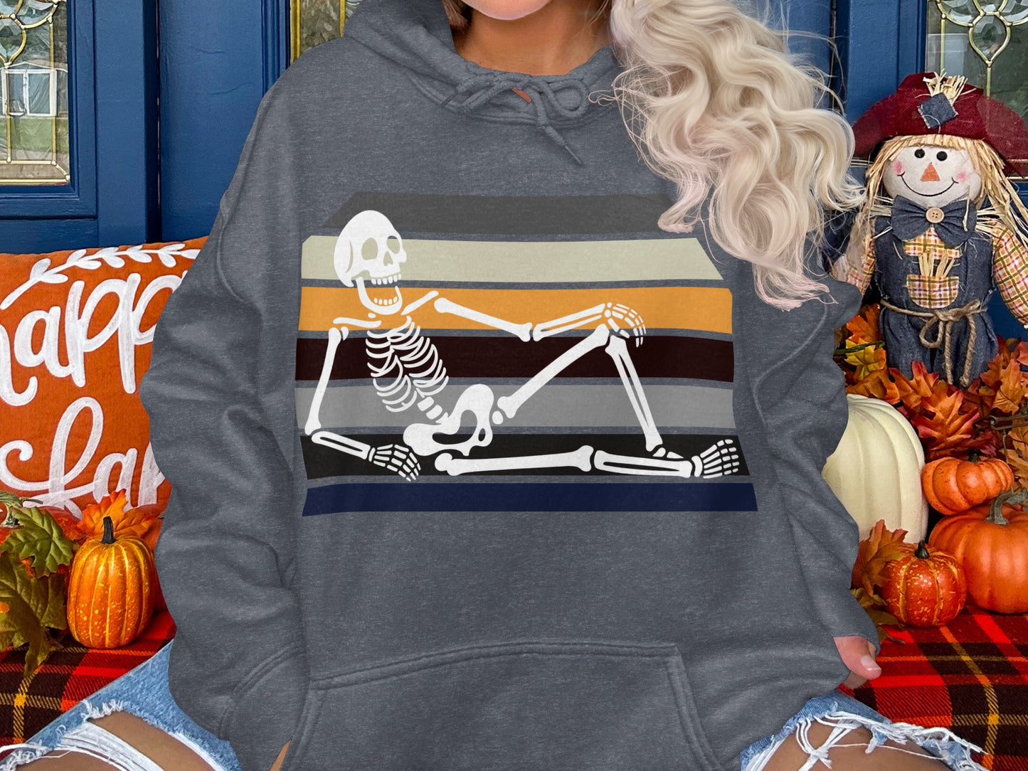 Vintage Skeleton Lying on Colorful Stripes Hoodie product