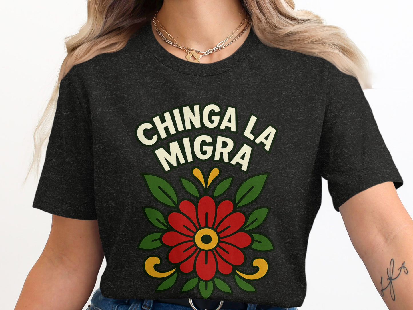 Chinga La Migra Graphic Floral Design Tee Shirt product
