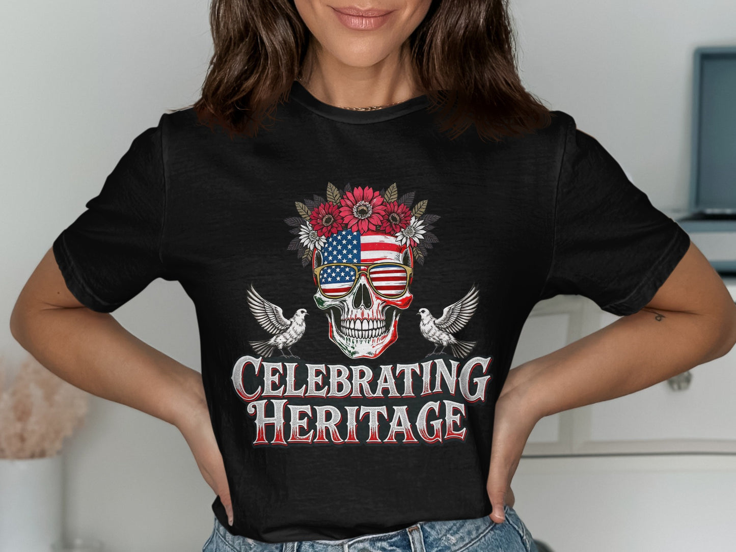 Celebrating Heritage Skull American Flag Graphic T-Shirt product type