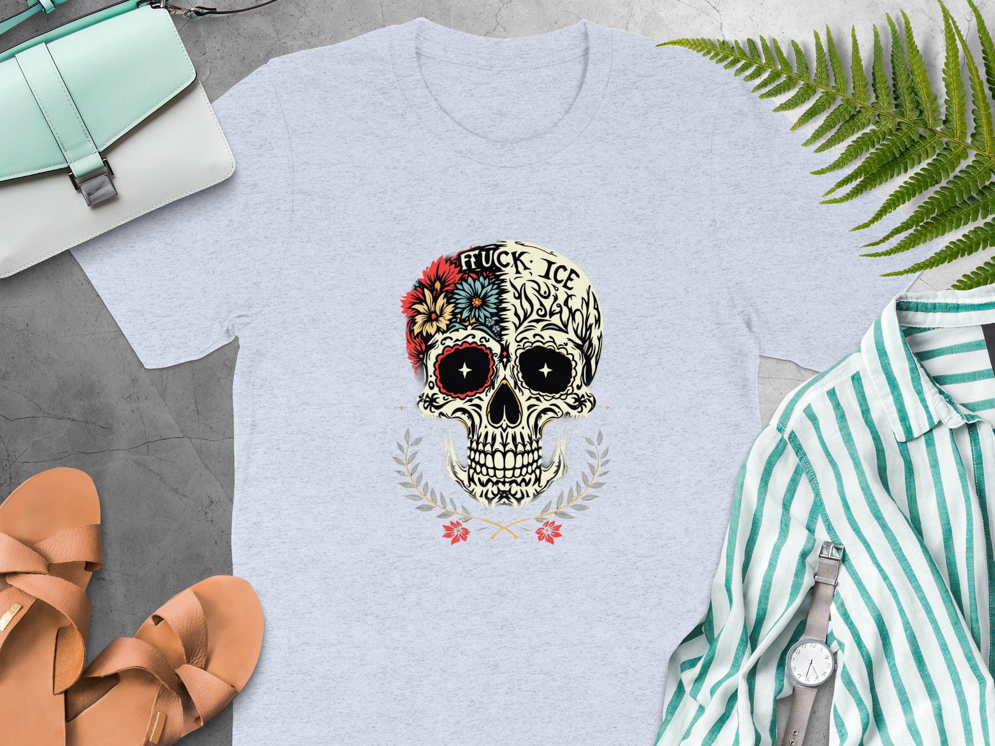 Colorful Skull with Floral Elements T-Shirt product type