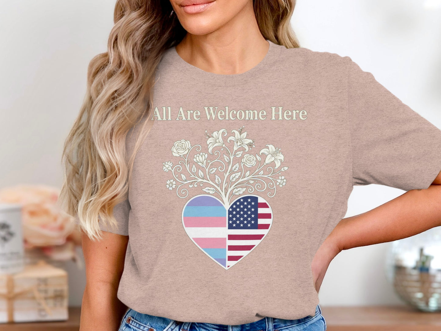 All Are Welcome Here Patriotic Heart T-Shirt product
