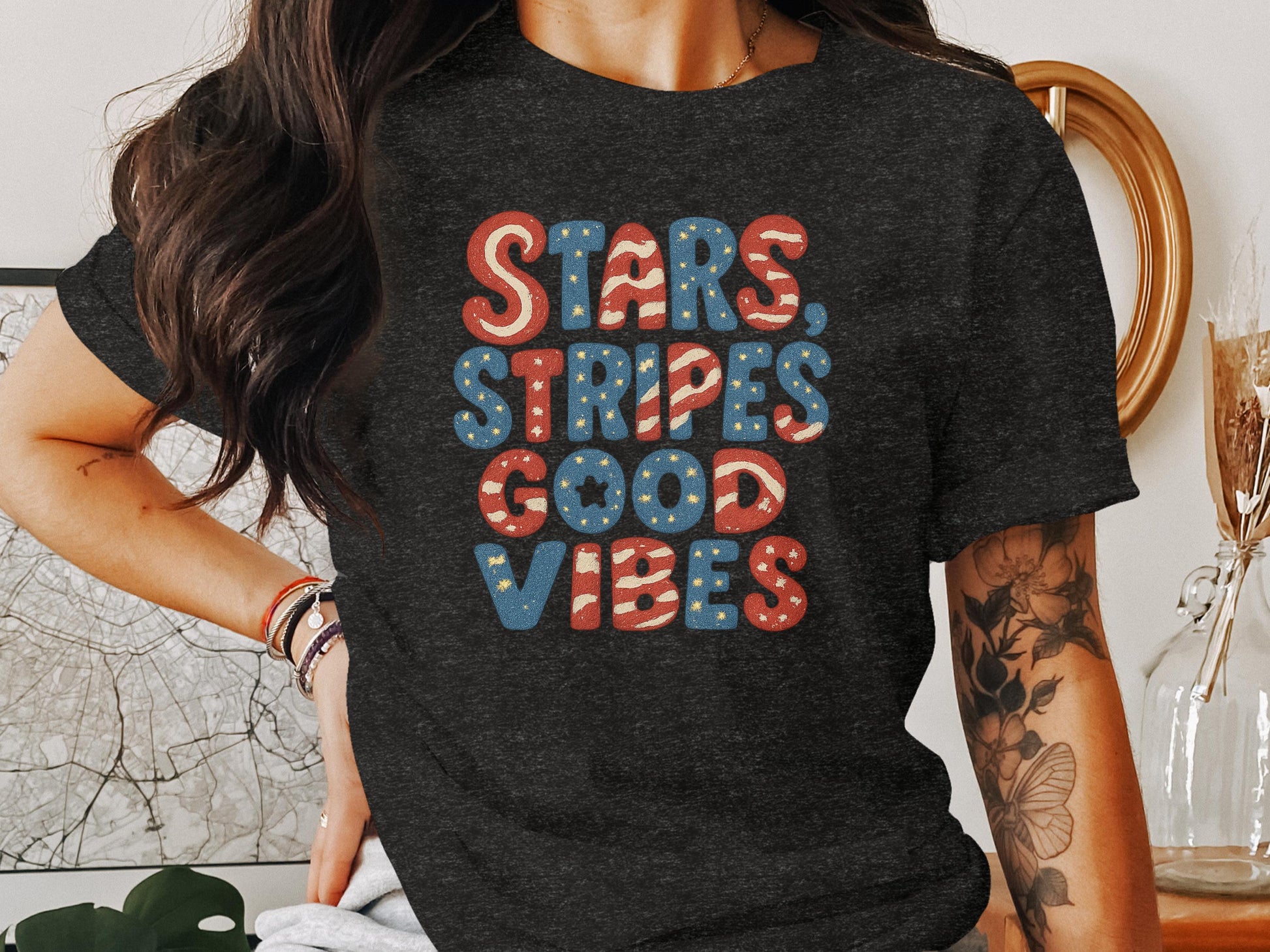 Stars Stripes Good Vibes on Black T-Shirt product type