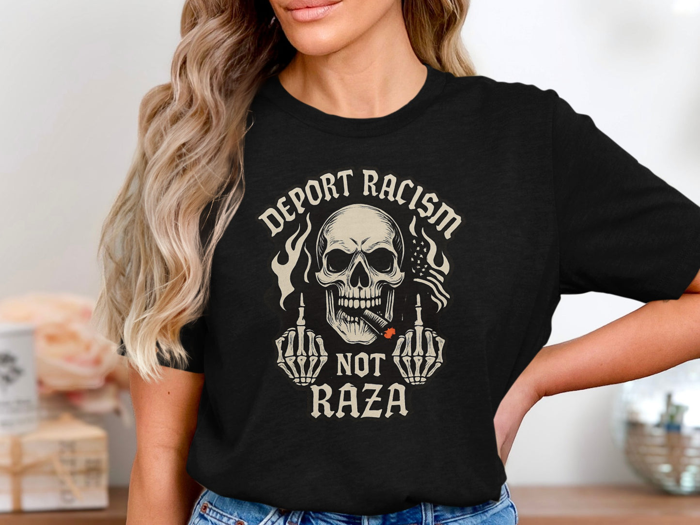 Deport Racism Not Raza Skull Graphic Shirt product type