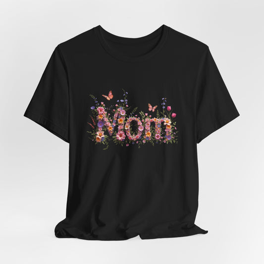Black t-shirt with "Mom" spelled out in colorful flowers and butterflies.