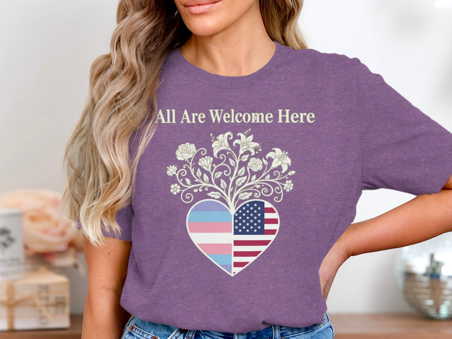 All Are Welcome Here America Flag Heart Tee product type